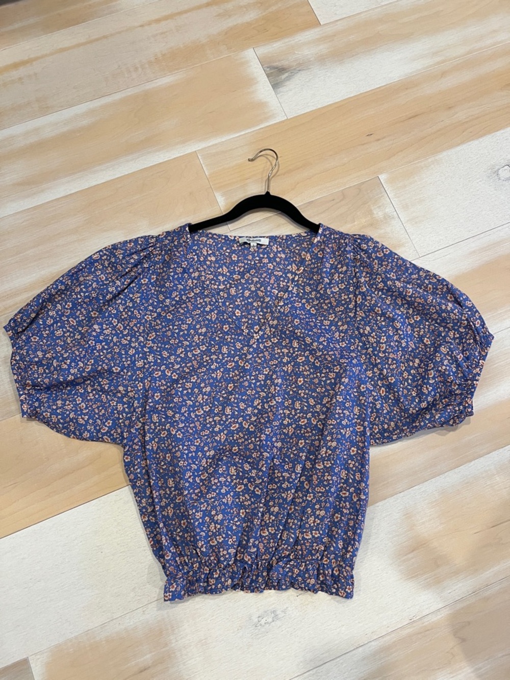 Madewell Blue Floral Puff-Sleeve Blouse with Pink Accents